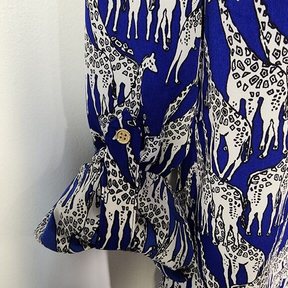 Charter Club Shirt Womens Large Giraffe Safari Print Button Blue Long Tab Sleeve - Picture 7 of 11